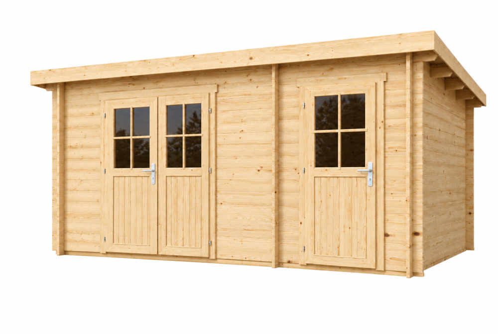 Abri de jardin bois brut HORIZON 5H - Toit plat - 2 pièces - 15,47 m² - Madriers 44 mm