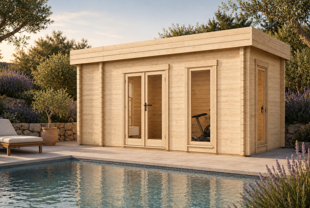 Chalet de jardin bois brut NATURA D - Toit plat - 2 pièces - 14,95 m² - Madriers 44 mm