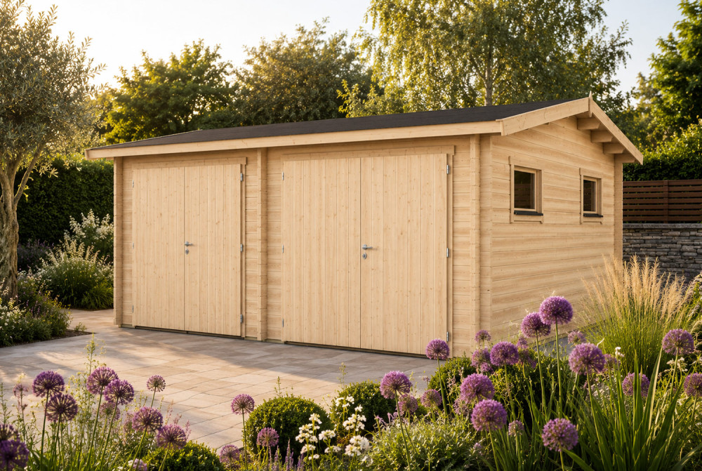 Garage bois brut SIROCCO - Toit double pente - 2 voitures - 27,70 m² - Madriers 70 mm contrecollés
