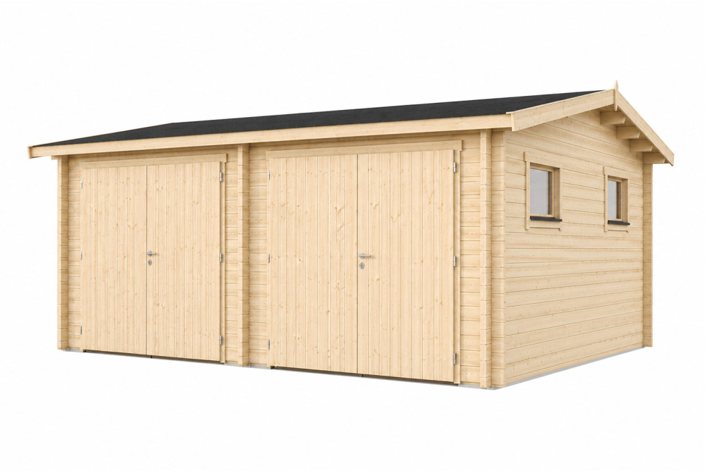 Garage bois brut SIROCCO - Toit double pente - 2 voitures - 27,70 m² - Madriers 70 mm contrecollés