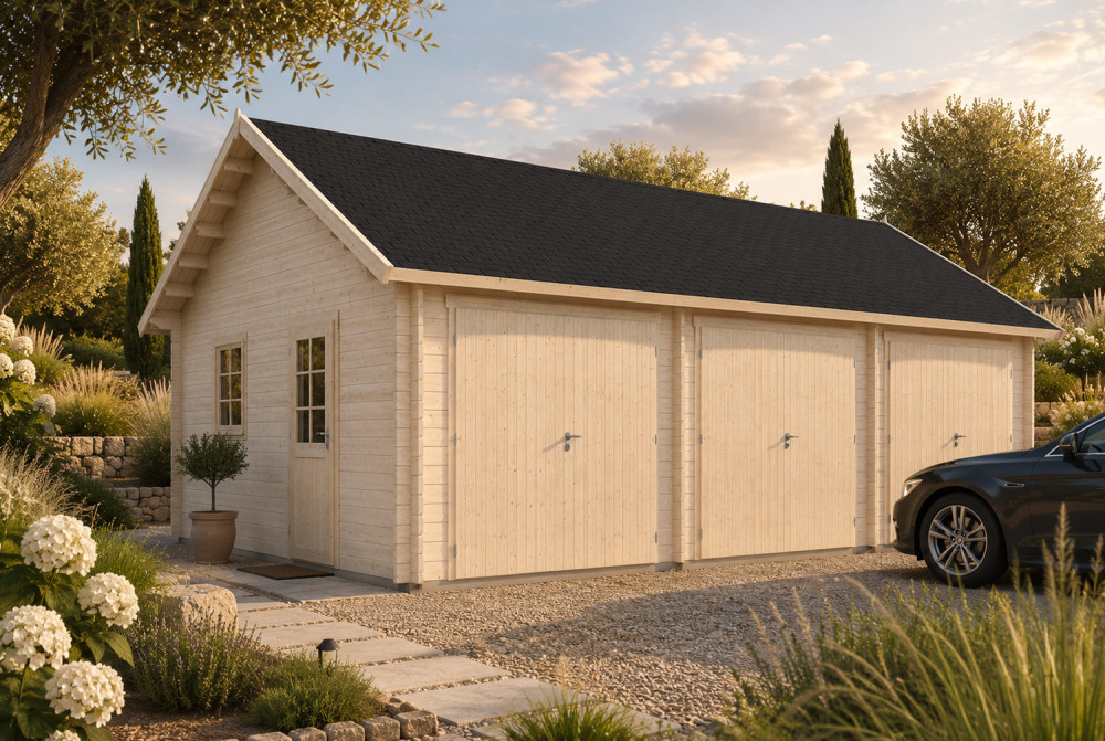 Garage bois brut AQUILON - Toit double pente - 3 voitures - 48,50 m² - Madriers 70 mm contrecollés