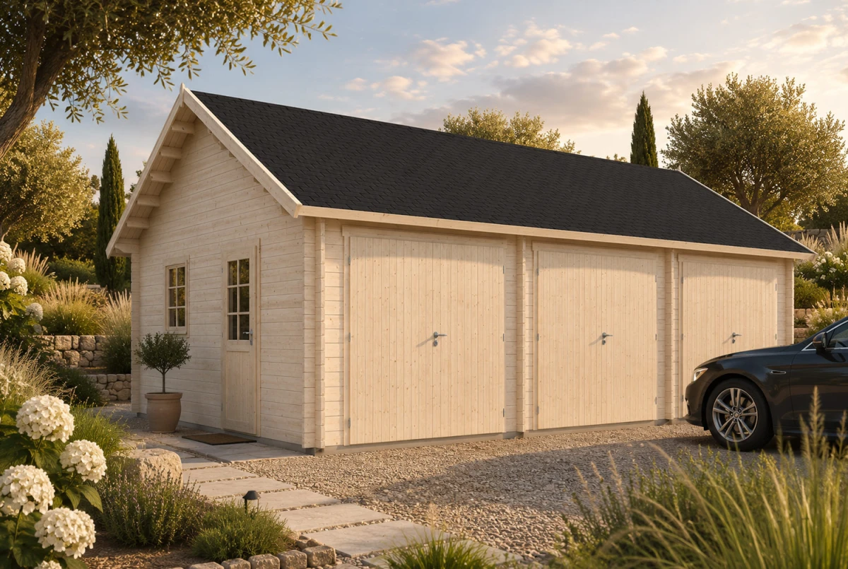 Garage bois brut AQUILON - Toit double pente - 3 voitures - 48,50 m² - Madriers 70 mm contrecollés