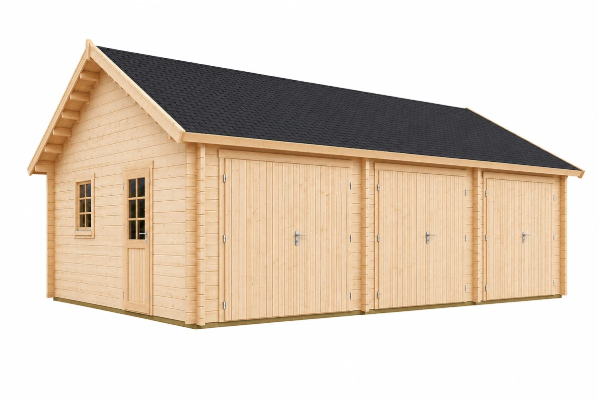 Garage bois brut AQUILON - Toit double pente - 3 voitures - 48,50 m² - Madriers 70 mm contrecollés