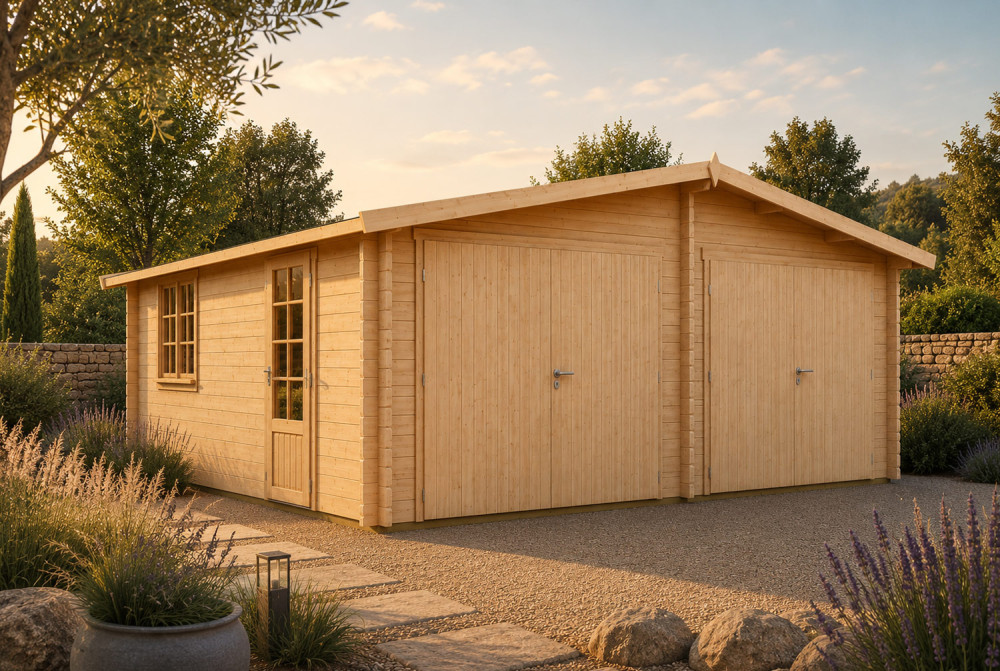 Garage bois brut ZÉPHYR - Toit double pente - 2 voitures - 31,79 m² - Madriers 70 mm contrecollés