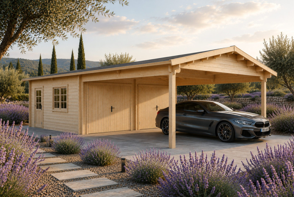 Garage bois brut ÉOLE - Toit double pente avec auvent - 2 voitures - 28,38 m² + 26,46 m² - Madriers 70 mm contrecollés