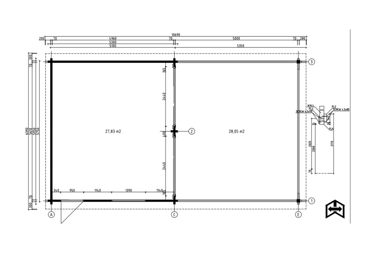 Garage bois brut ÉOLE - Toit double pente avec auvent - 2 voitures - 28,38 m² + 26,46 m² - Madriers 70 mm contrecollés
