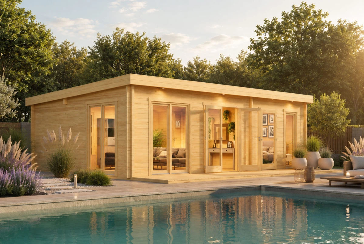 Chalet de jardin bois brut Le PATIO - Toit monopente - 3 pièces - 44,07 m² - Madriers 70 mm contrecollés