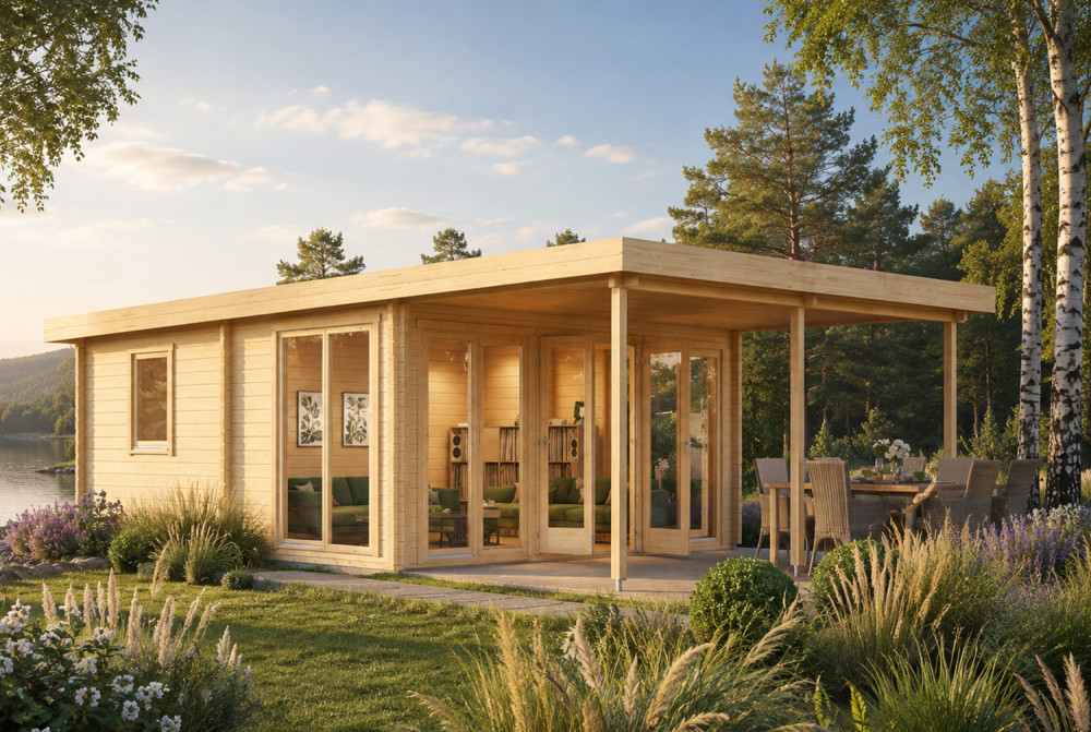 Chalet de jardin bois brut L'OBSERVATOIRE avec AUVENT - Toit monopente - 3 pièces - 30 m² + 15,57 m² d'avancée - 70CC