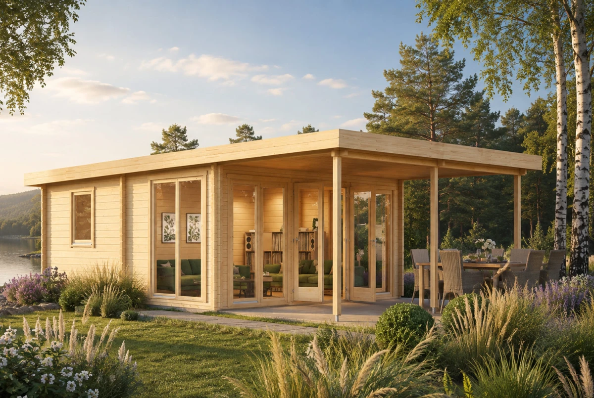 Chalet de jardin bois brut L'OBSERVATOIRE avec AUVENT - Toit monopente - 3 pièces - 30 m² + 15,57 m² d'avancée - 70CC