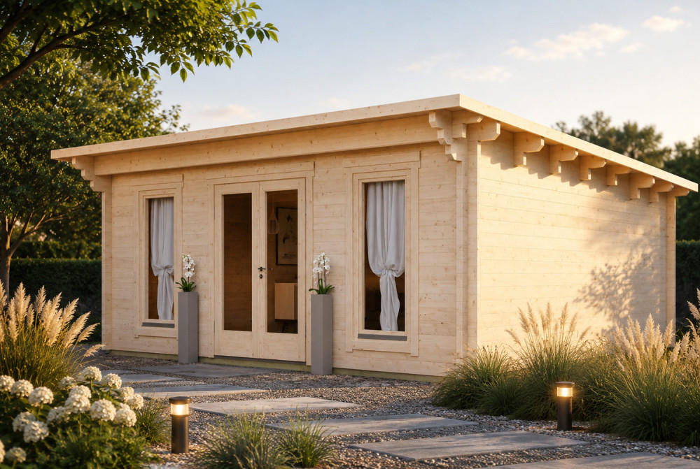 Chalet de jardin bois brut CANOPÉE 70 G - Toit monopente - 31,47 m² - Madriers 70 mm contrecollés