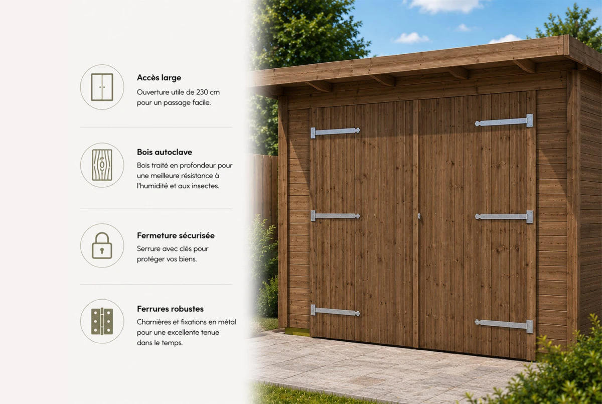 Porte de garage battante 2 vantaux en sapin autoclave 27 mm 240 × 200 cm