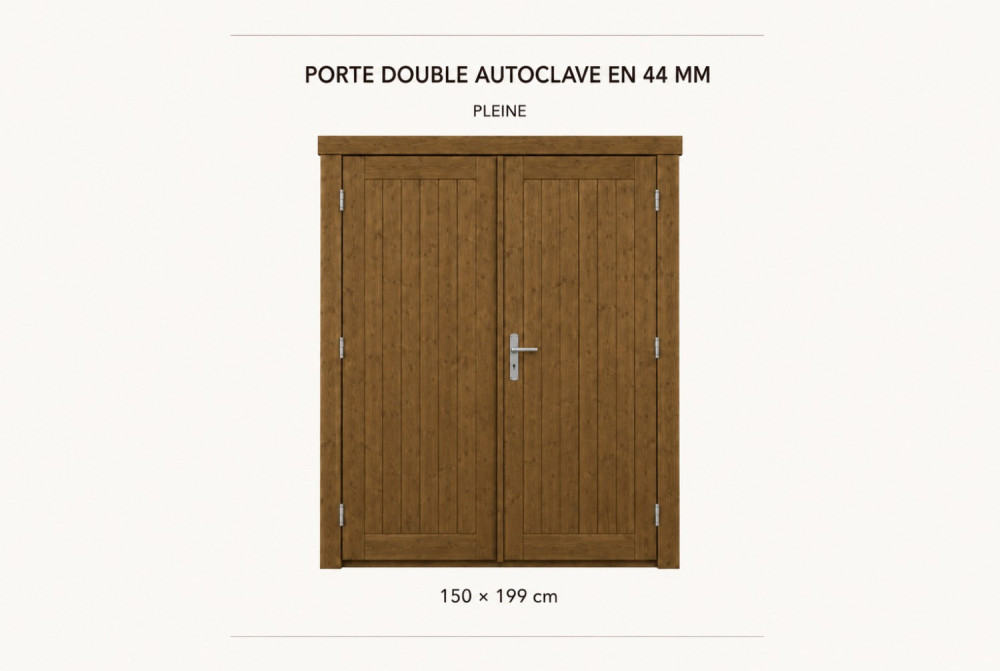 Kit porte double pleine en bois autoclave 150 x 199 cm pour abri ou garage 44 mm