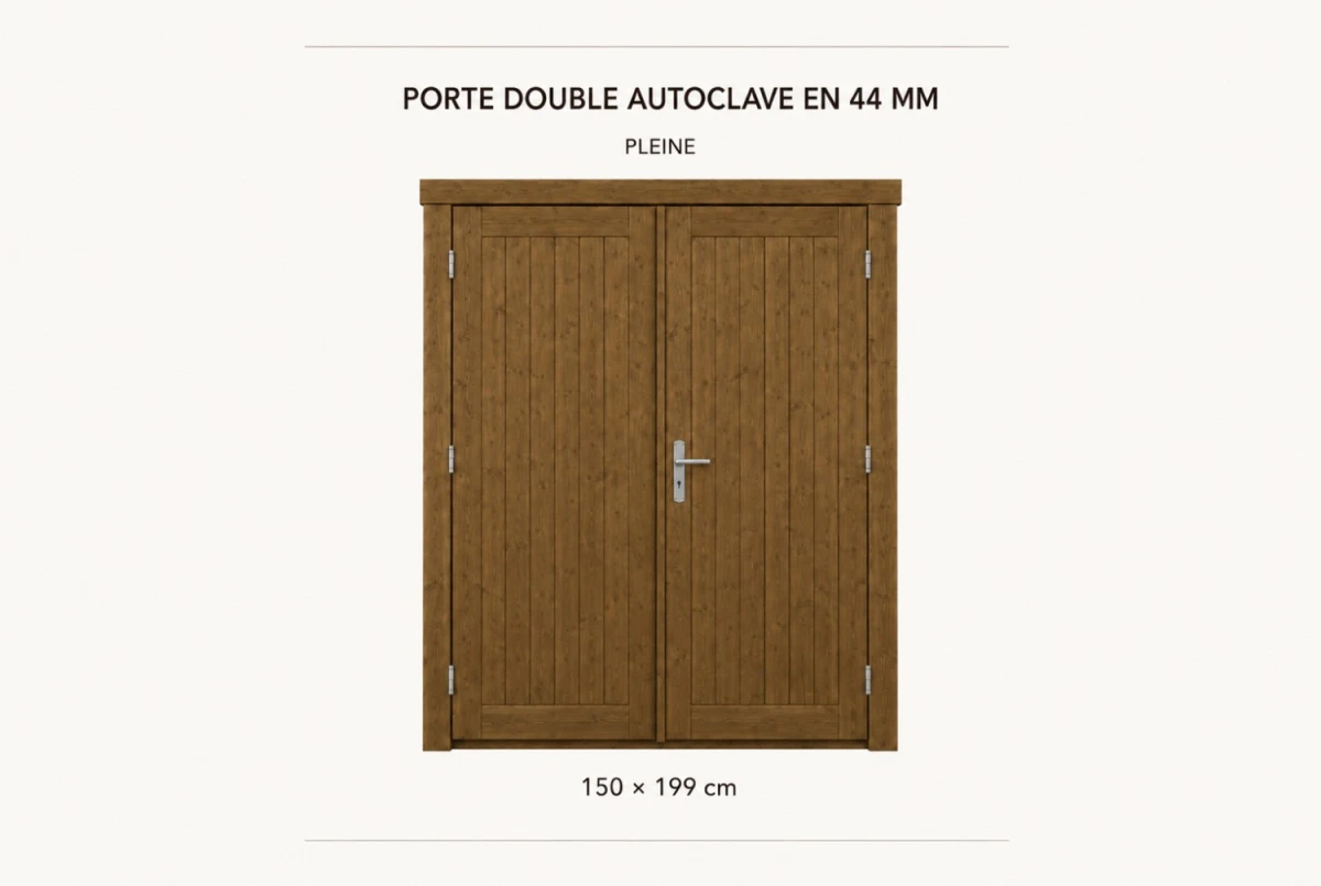 Kit porte double pleine en bois autoclave 150 x 199 cm pour abri ou garage 44 mm