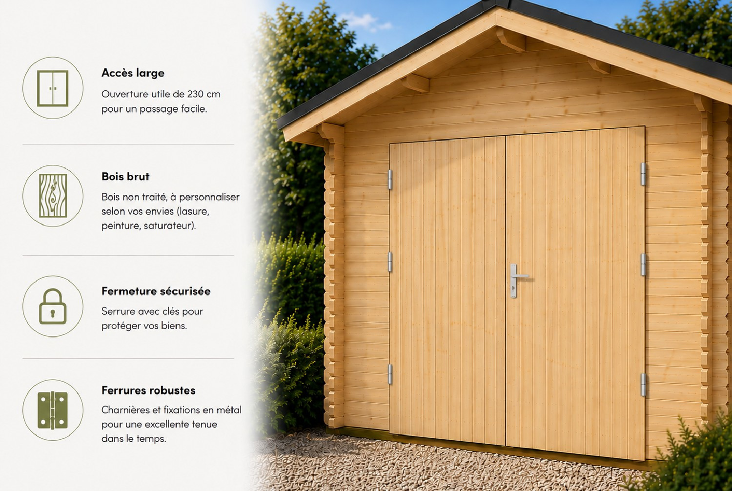 Porte de garage battante, 2 vantaux, manuelle, en sapin 27mm, certifié PEFC, 240x200cm