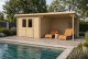 Abri de jardin bois brut ALIZÉ A - Toit plat avec auvent - 7,42 m² + 8,16 m² - Madriers 28 mm