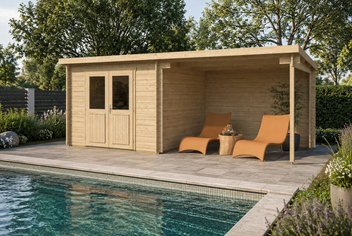 Abri de jardin bois brut ALIZÉ A - Toit plat avec auvent - 7,42 m² + 8,16 m² - Madriers 28 mm