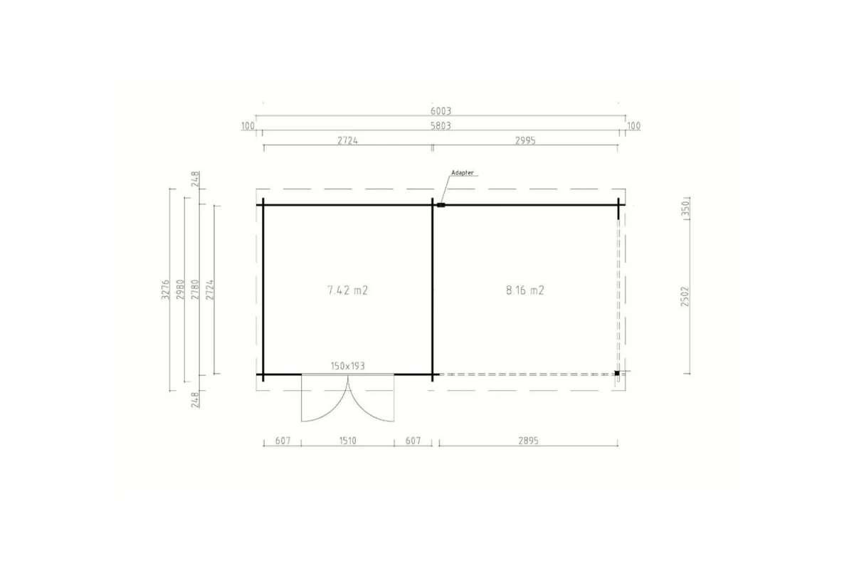 Abri de jardin bois brut ALIZÉ A - Toit plat avec auvent - 7,42 m² + 8,16 m² - Madriers 28 mm