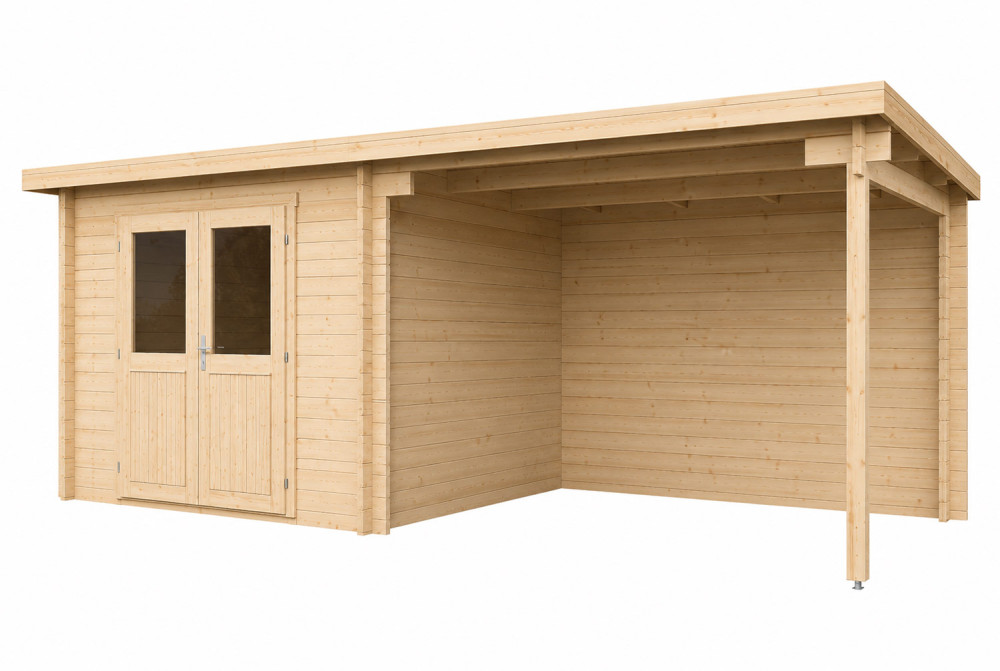Abri de jardin bois brut ALIZÉ A - Toit plat avec auvent - 7,42 m² + 8,16 m² - Madriers 28 mm