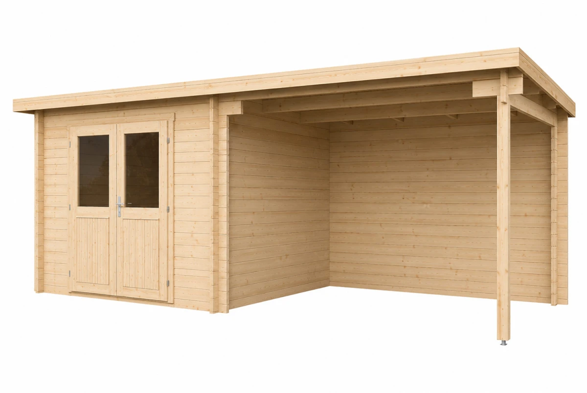 Abri de jardin bois brut ALIZÉ A - Toit plat avec auvent - 7,42 m² + 8,16 m² - Madriers 28 mm