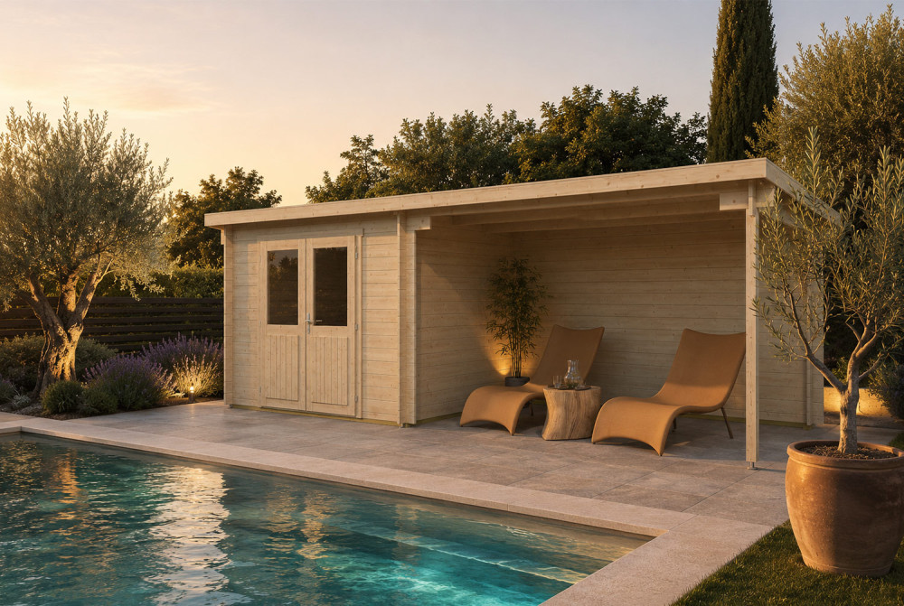 Abri de jardin bois brut ALIZÉ B - Toit plat avec auvent - 7,42 m² + 10,63 m² - Madriers 28 mm