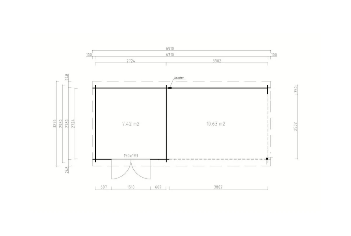 Abri de jardin bois brut ALIZÉ B - Toit plat avec auvent - 7,42 m² + 10,63 m² - Madriers 28 mm