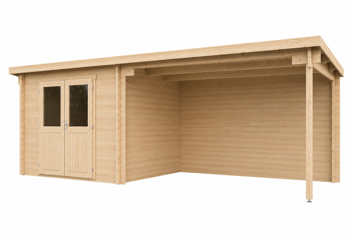 Abri de jardin bois brut ALIZÉ B - Toit plat avec auvent - 7,42 m² + 10,63 m² - Madriers 28 mm