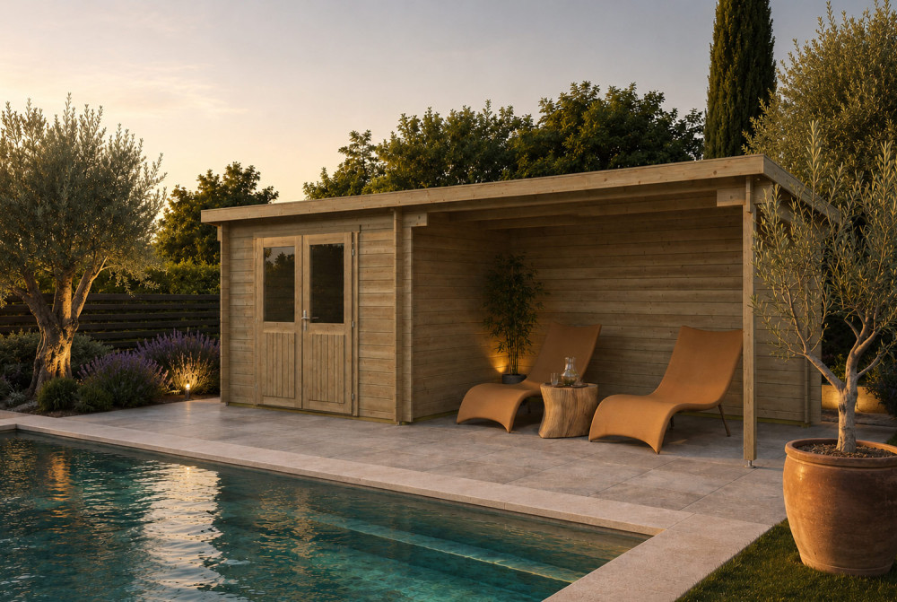 Abri de jardin bois traité autoclave ALIZÉ B - Toit plat avec auvent - 7,42 m² + auvent 10,63 m² - Madriers 28 mm