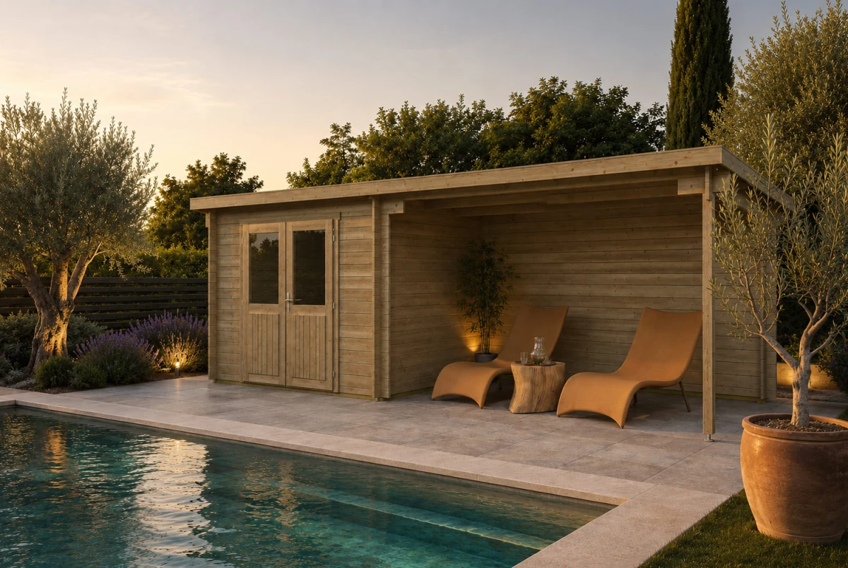Abri de jardin bois traité autoclave ALIZÉ B - Toit plat avec auvent - 7,42 m² + auvent 10,63 m² - Madriers 28 mm