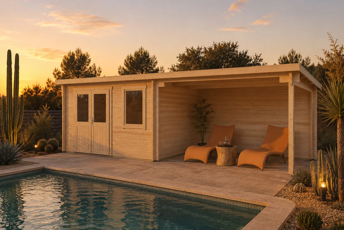Abri de jardin bois brut ALIZÉ C - Toit plat avec auvent - 9,87 m² + 10,63 m² - Madriers 28 mm