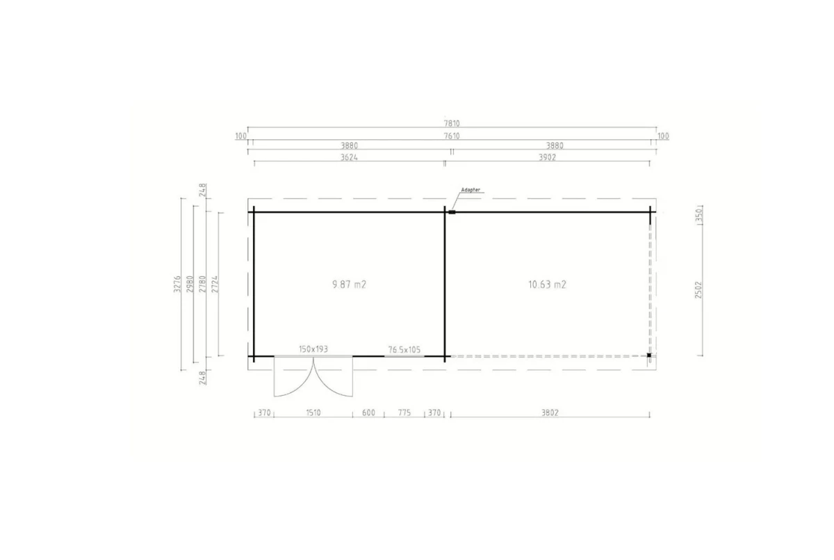 Abri de jardin bois brut ALIZÉ C - Toit plat avec auvent - 9,87 m² + 10,63 m² - Madriers 28 mm