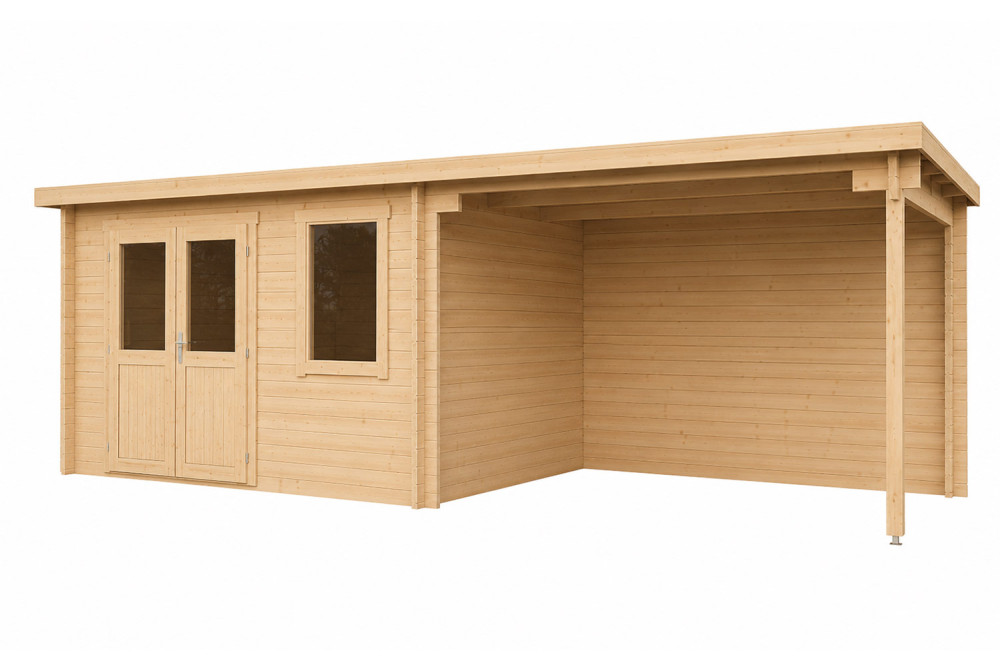 Abri de jardin bois brut ALIZÉ C - Toit plat avec auvent - 9,87 m² + 10,63 m² - Madriers 28 mm