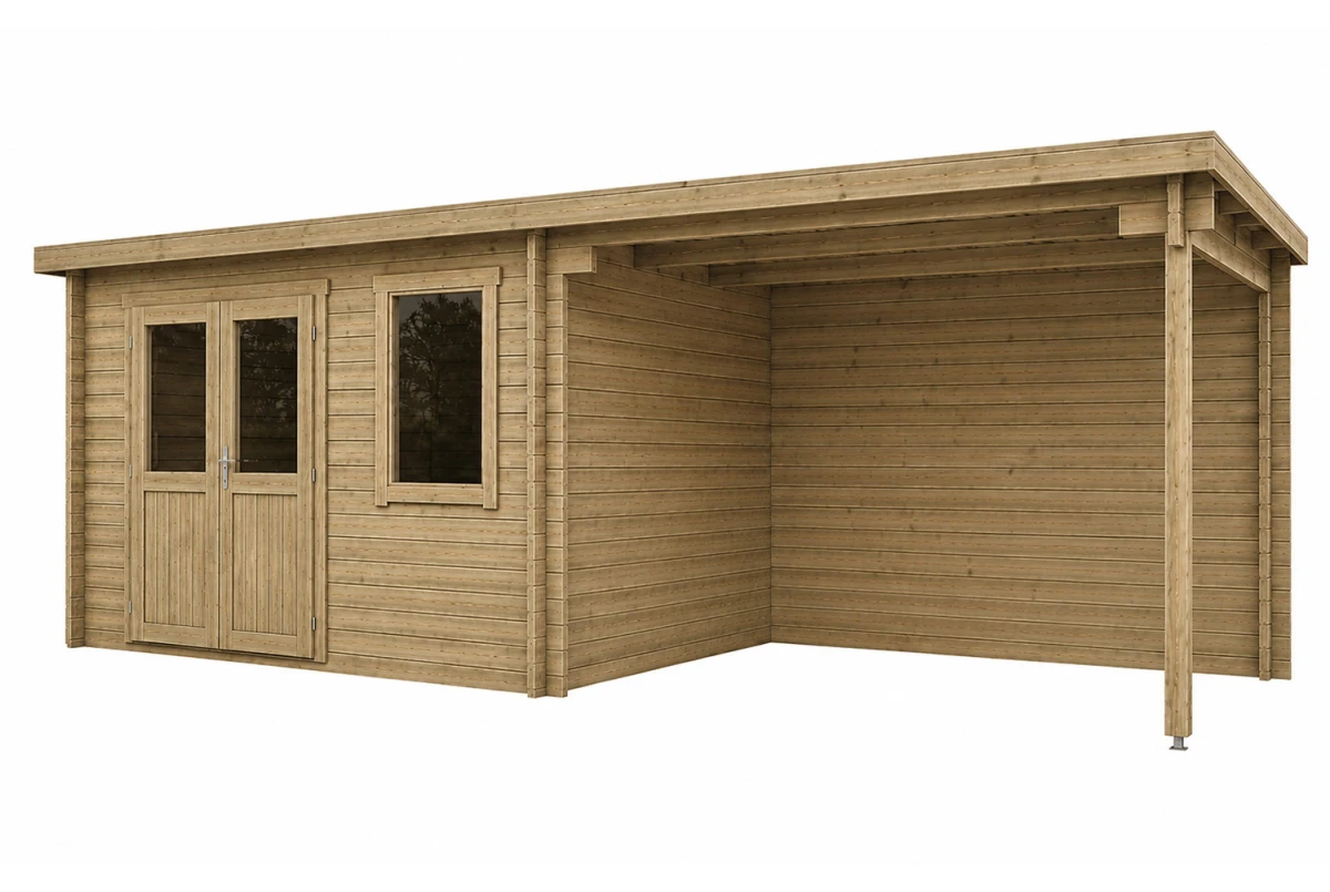 Abri de jardin bois traité autoclave ALIZÉ C - Toit plat avec auvent - 9,87 m² + auvent 10,63 m² - Madriers 28 mm