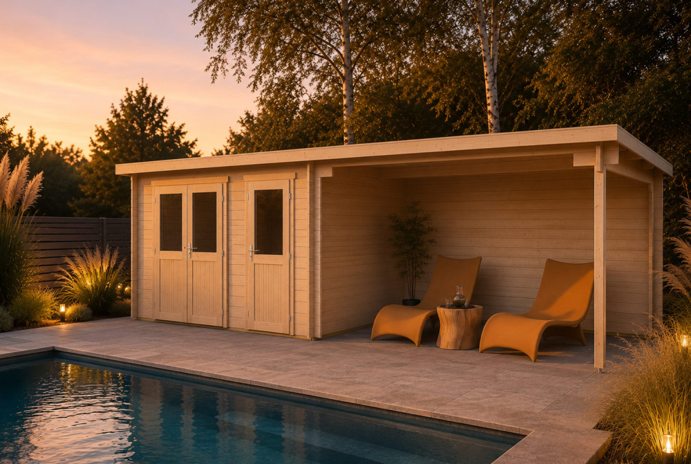 Abri de jardin bois brut ALIZÉ D - Toit plat avec auvent - 9,80 m² + 10,63 m² - Madriers 28 mm