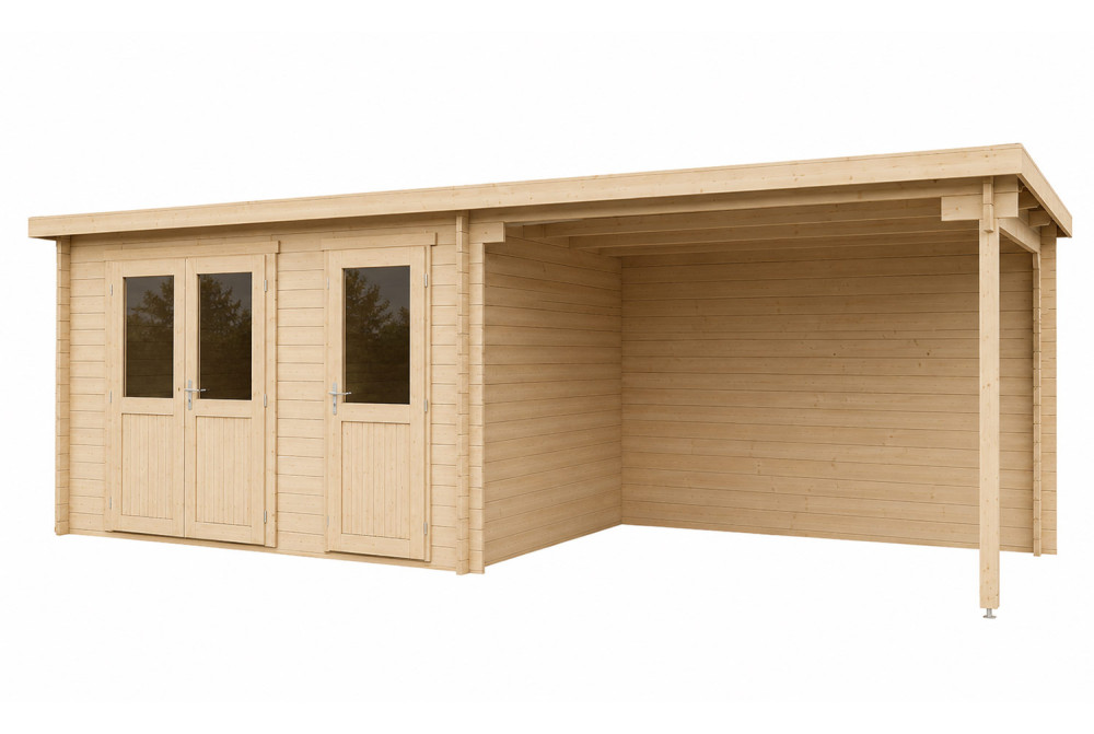 Abri de jardin bois brut ALIZÉ D - Toit plat avec auvent - 9,80 m² + 10,63 m² - Madriers 28 mm