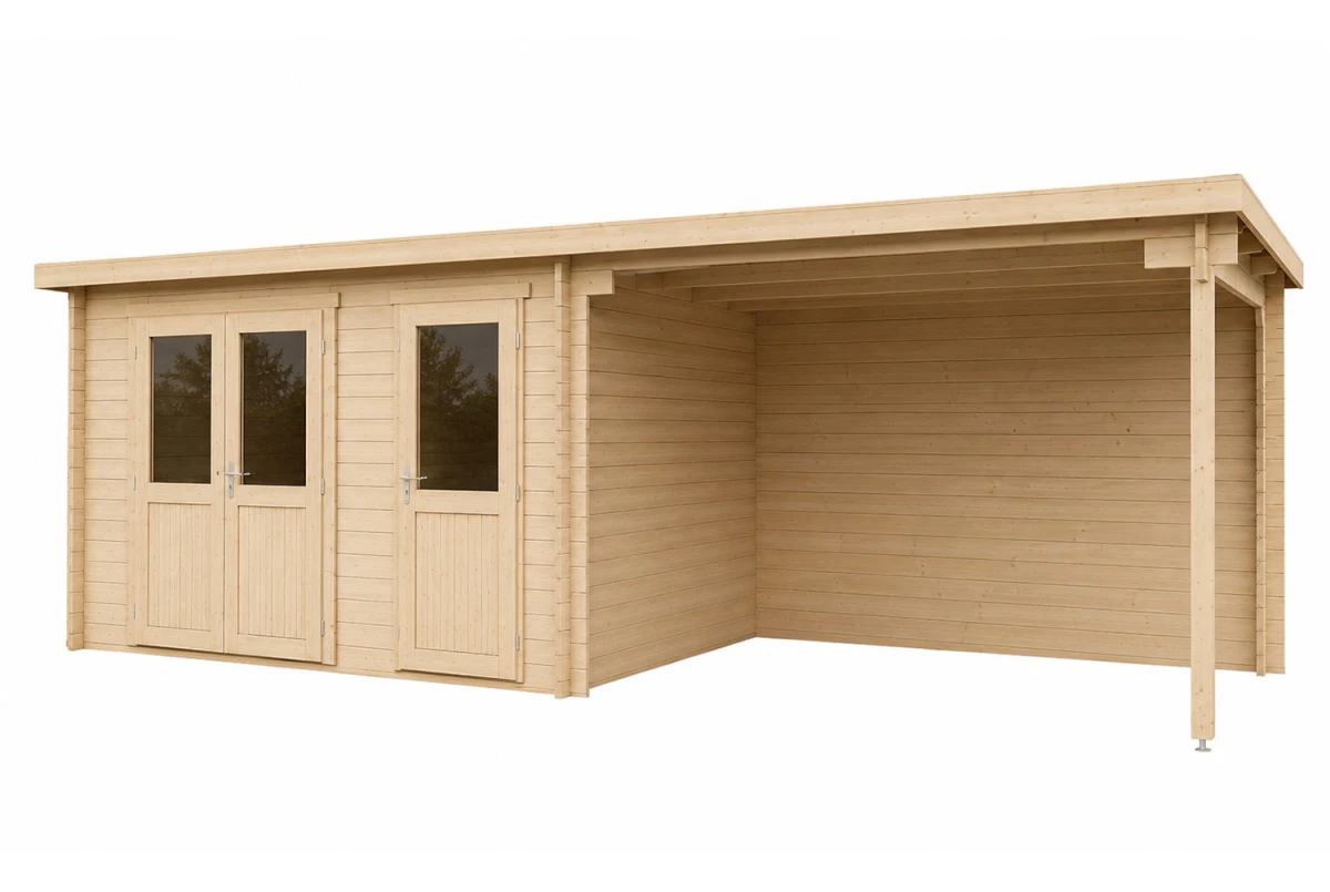 Abri de jardin bois brut ALIZÉ D - Toit plat avec auvent - 9,80 m² + 10,63 m² - Madriers 28 mm
