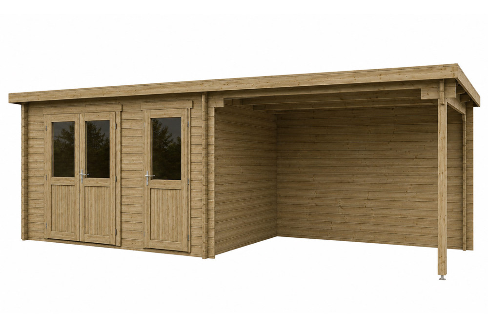 Abri de jardin bois traité autoclave ALIZÉ D - Toit plat avec auvent - 6,38 m² + auvent 3,42 m² - Madriers 28 mm