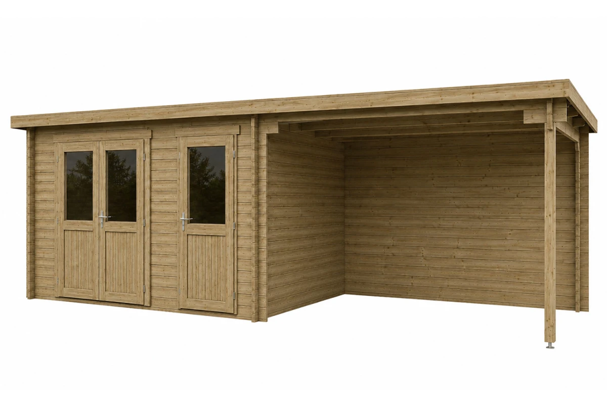 Abri de jardin bois traité autoclave ALIZÉ D - Toit plat avec auvent - 6,38 m² + auvent 3,42 m² - Madriers 28 mm