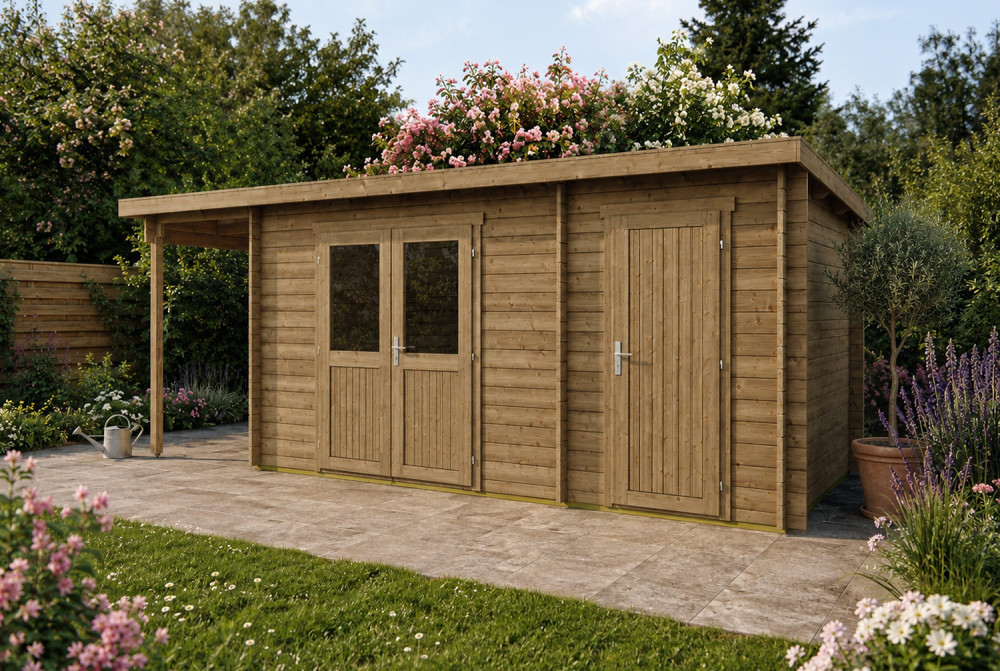 Abri de jardin bois traité autoclave ALIZÉ F - Toit plat avec appentis - 2 pièces - 9,64m² + 3,16 m² - Madriers 28 mm