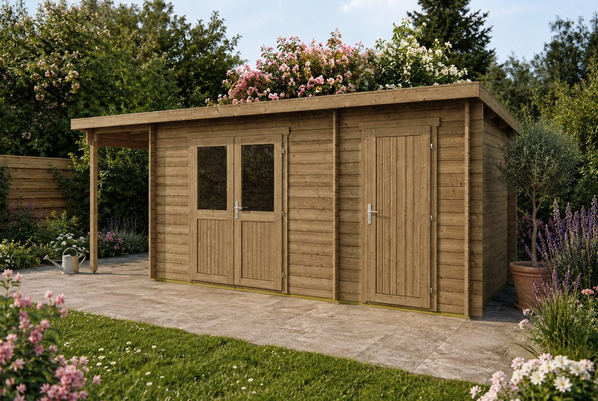 Abri de jardin bois traité autoclave ALIZÉ F - Toit plat avec appentis - 2 pièces - 9,64m² + 3,16 m² - Madriers 28 mm