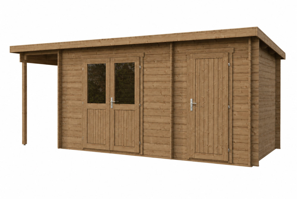 Abri de jardin bois traité autoclave ALIZÉ F - Toit plat avec appentis - 2 pièces - 9,64m² + 3,16 m² - Madriers 28 mm