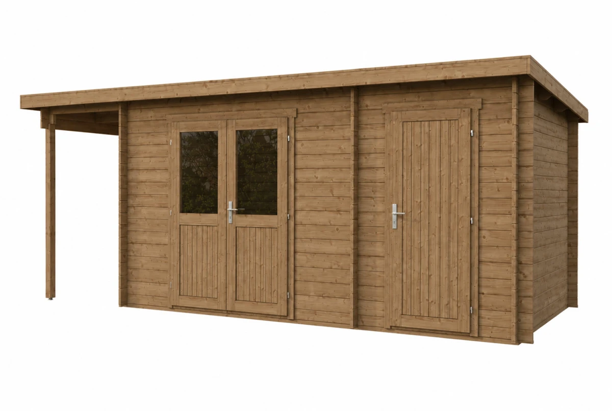 Abri de jardin bois traité autoclave ALIZÉ F - Toit plat avec appentis - 2 pièces - 9,64m² + 3,16 m² - Madriers 28 mm
