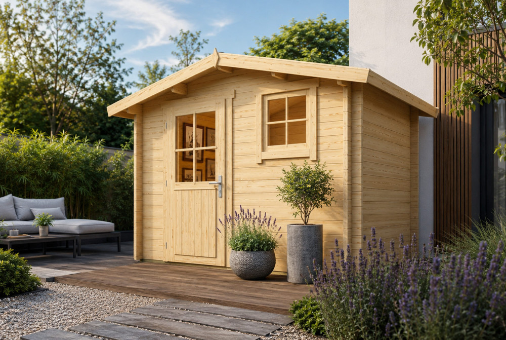 Abri de jardin bois brut ORIGINE 3B - Toit double pente - 7,31 m² - Madriers 28 mm