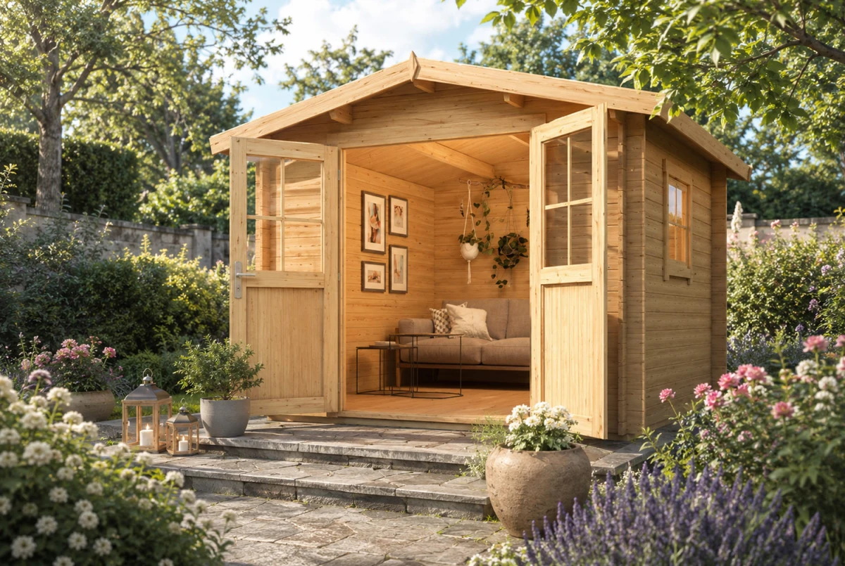 Abri de jardin bois brut ORIGINE 3E - Toit double pente - 7,31 m² - Madriers 28 mm