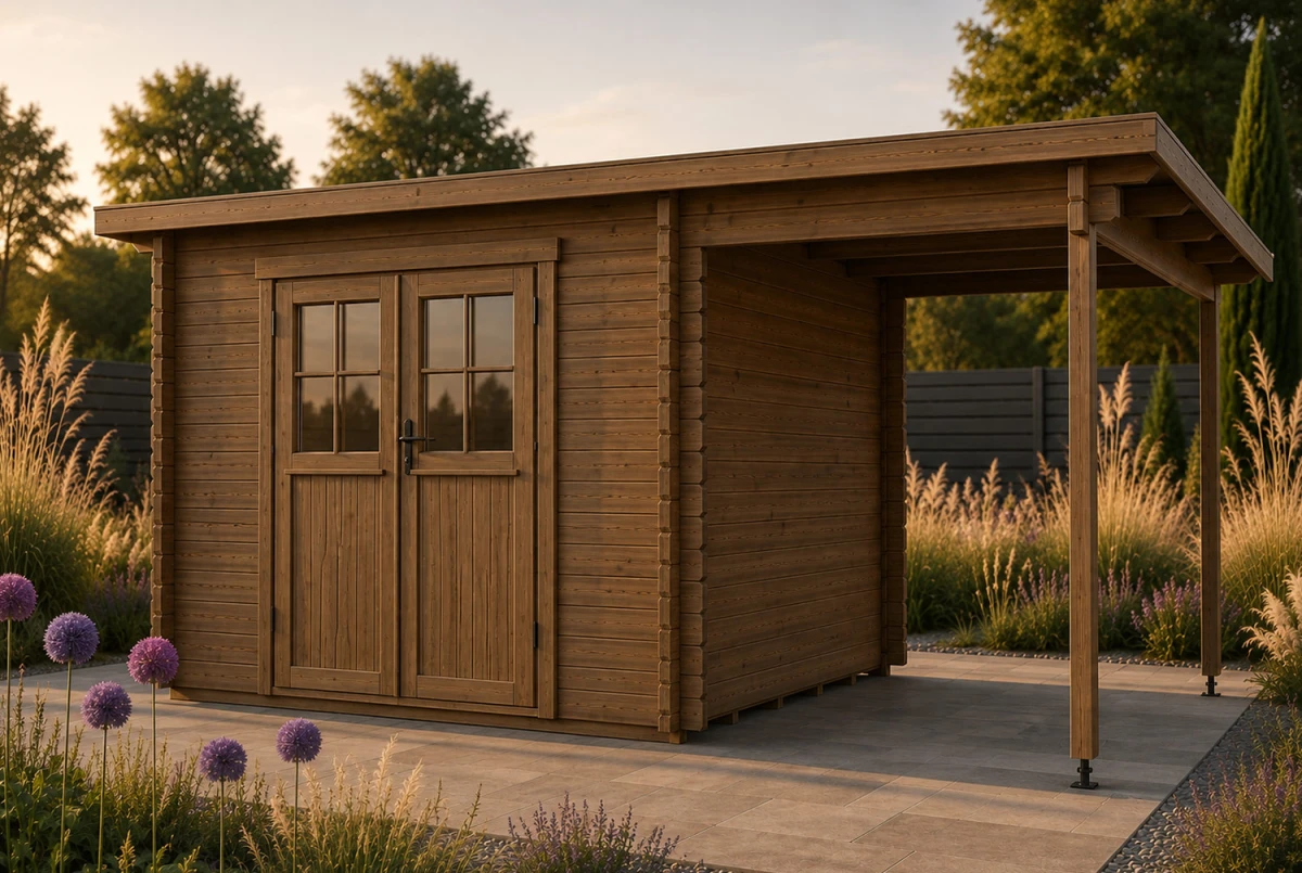 Abri de jardin bois traité autoclave HORIZON 3G - Toit plat avec appentis - 7,31 m² + 3,98 m² - Madriers 28 mm