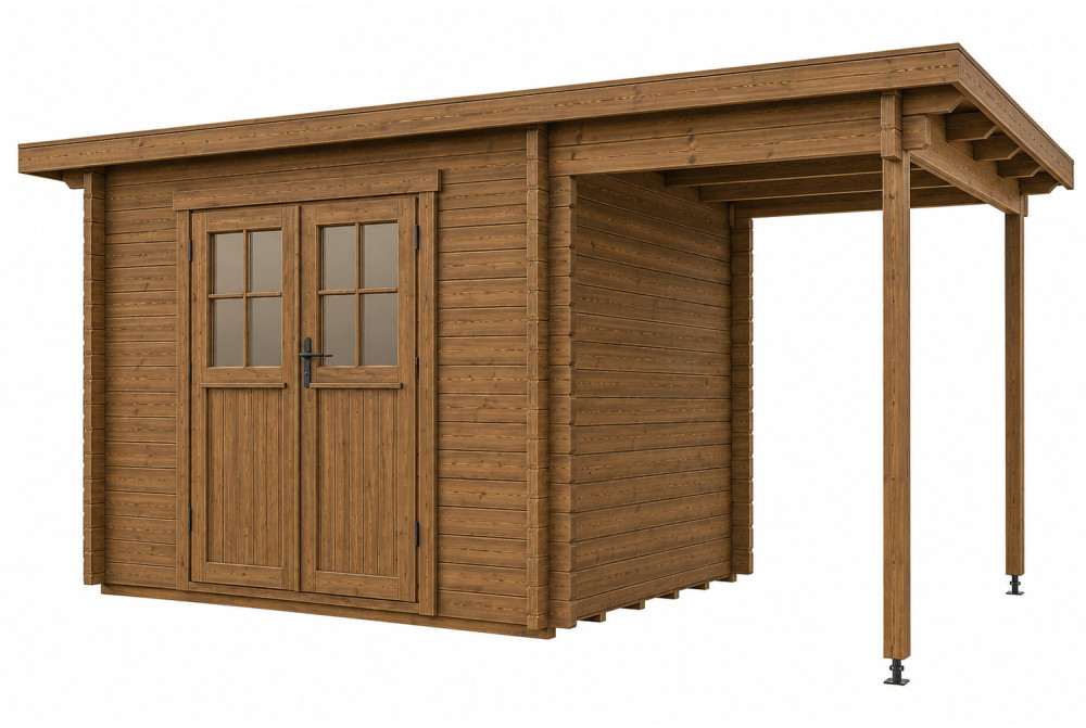 Abri de jardin bois traité autoclave HORIZON 3G - Toit plat avec appentis - 7,31 m² + 3,98 m² - Madriers 28 mm