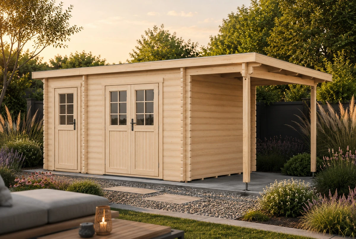 Abri de jardin deux pièces HORIZON 3i 28mm- 7,31m² +3,98m² intérieur avec appentis de 3,98m²