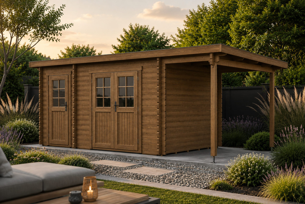 Abri de jardin bois traité autoclave HORIZON 3I - Toit plat avec appentis - 2 pièces - 11,29 m² + 3,98 m² - Madriers 28 mm