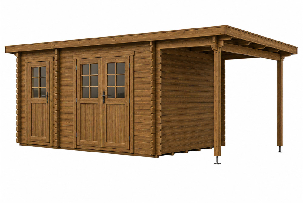Abri de jardin bois traité autoclave HORIZON 3I - Toit plat avec appentis - 2 pièces - 11,29 m² + 3,98 m² - Madriers 28 mm