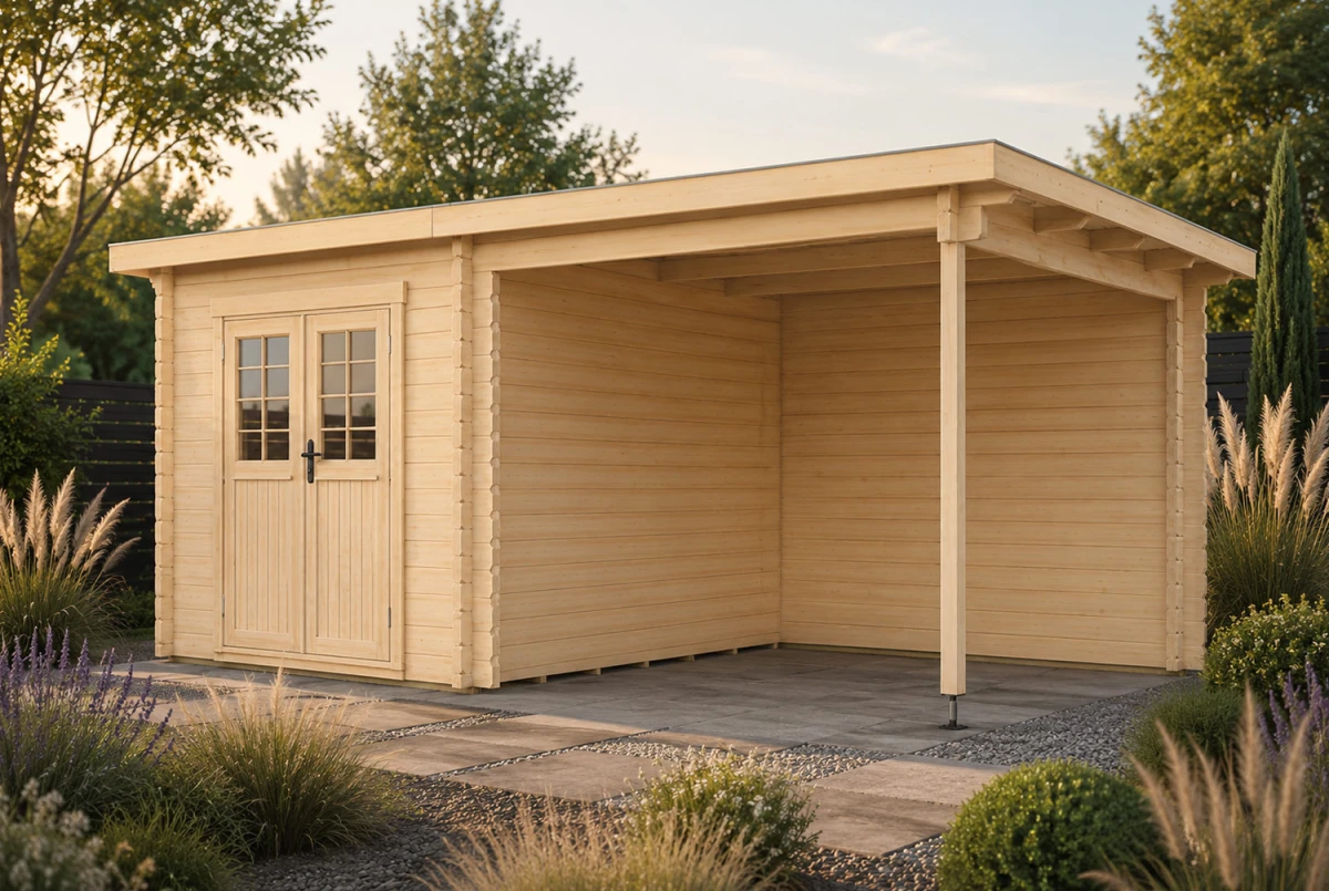 Abri de jardin HORIZON 3J 28mm - 7,31m² intérieur avec auvent de 8,04m²