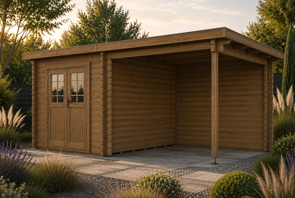 Abri de jardin bois traité autoclave HORIZON 3J - Toit plat avec auvent - 7,31 m² + 8,04 m² - Madriers 28 mm